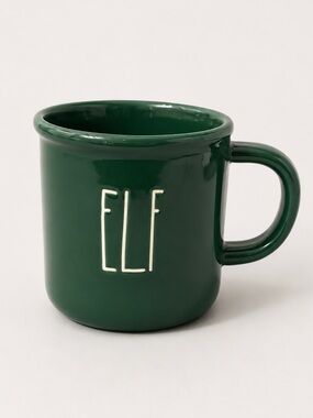 Rae Dunn ELF Christmas Festive Coffee Mug White Green Holiday Ceramic Cup